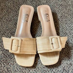 SHEIN Tan Woven Buckle Slide Mules